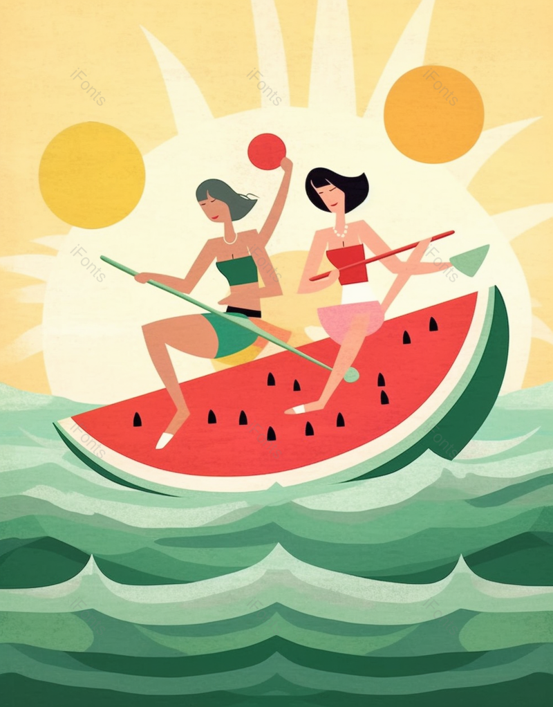 波浪夏天小暑裙子女孩们乘船漂流冒险西瓜水果插画,插画/手绘图,插画/手绘图库,插画/手绘图下载,插画/手绘